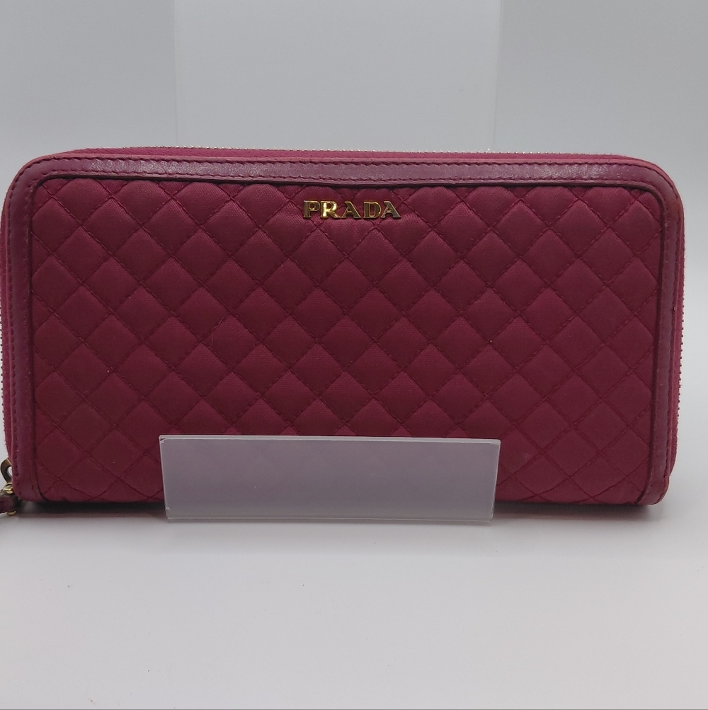 PRADA Pink Red Quilted Zip Around Nylon Wallet GUC